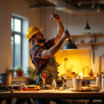 A photograph of a well-lit workspace featuring a professional lighting contractor installing an led hanging light in a modern setting