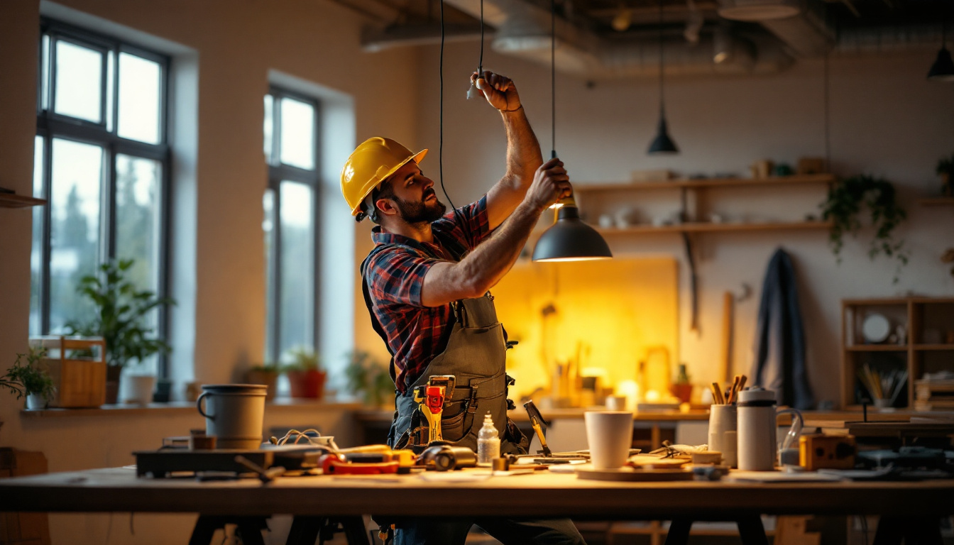 A photograph of a well-lit workspace featuring a professional lighting contractor installing an led hanging light in a modern setting
