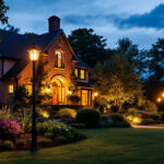 A photograph of a beautifully illuminated yard featuring elegant pole-mounted lights