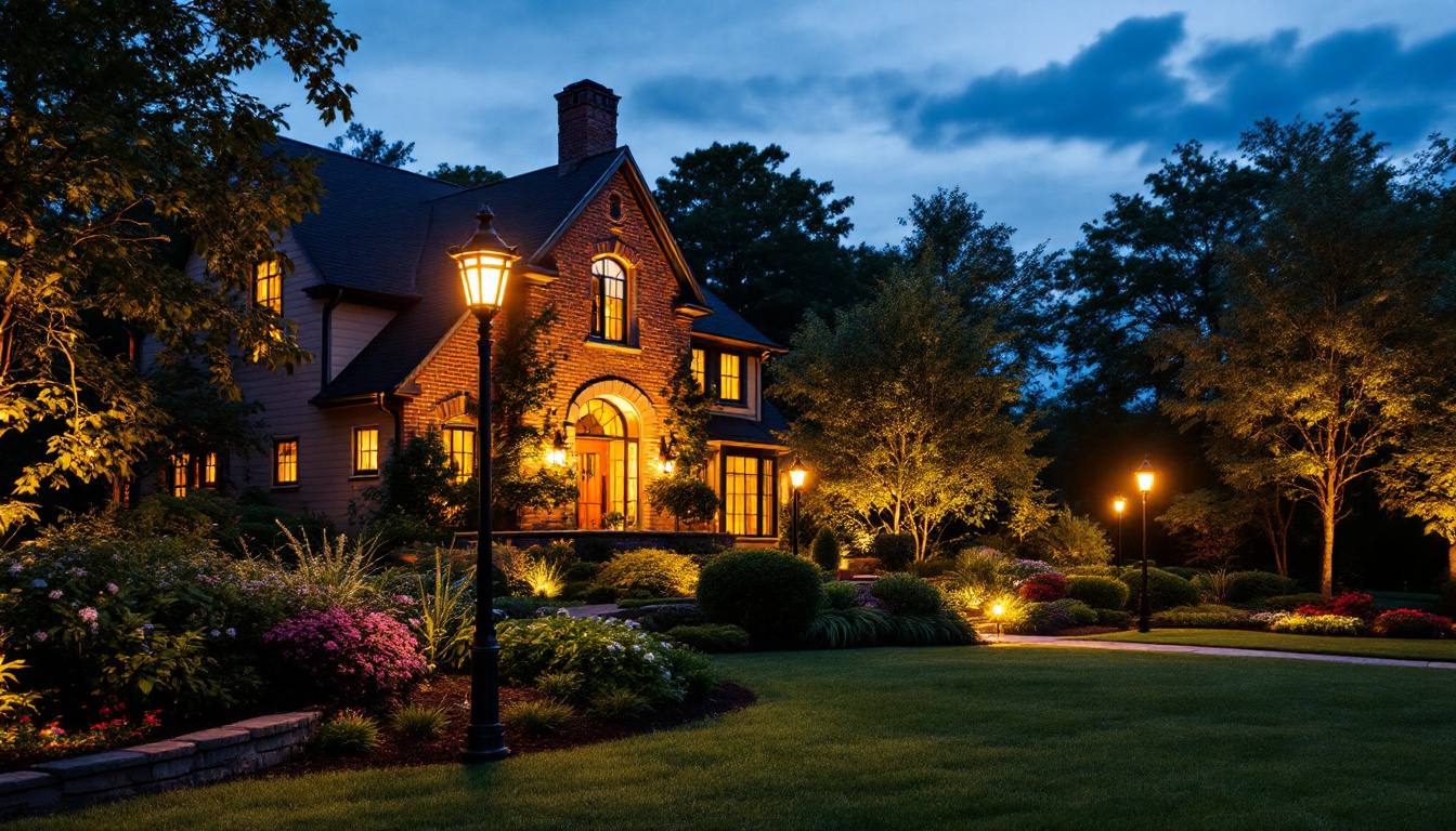 A photograph of a beautifully illuminated yard featuring elegant pole-mounted lights