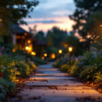 A photograph of a beautifully illuminated garden featuring shepherd hook solar lights at dusk