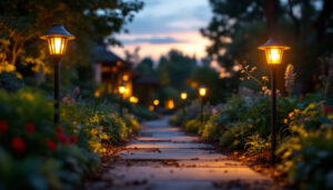 A photograph of a beautifully illuminated garden featuring shepherd hook solar lights at dusk