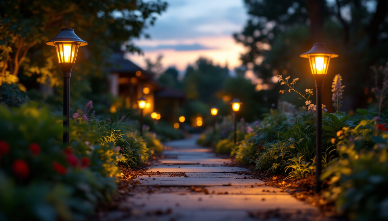 A photograph of a beautifully illuminated garden featuring shepherd hook solar lights at dusk