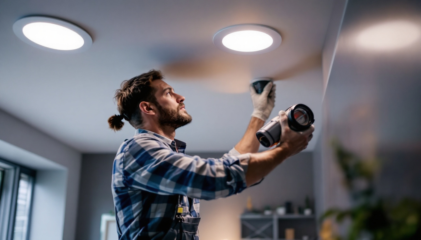 A photograph of a lighting contractor installing 2-inch led recessed lights in a modern ceiling