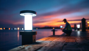 A photograph of a well-lit dock scene at dusk