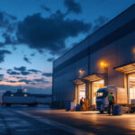 A photograph of a well-lit loading dock at dusk