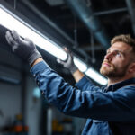 A photograph of a lighting contractor installing an 8 ft fluorescent light bulb in a commercial setting