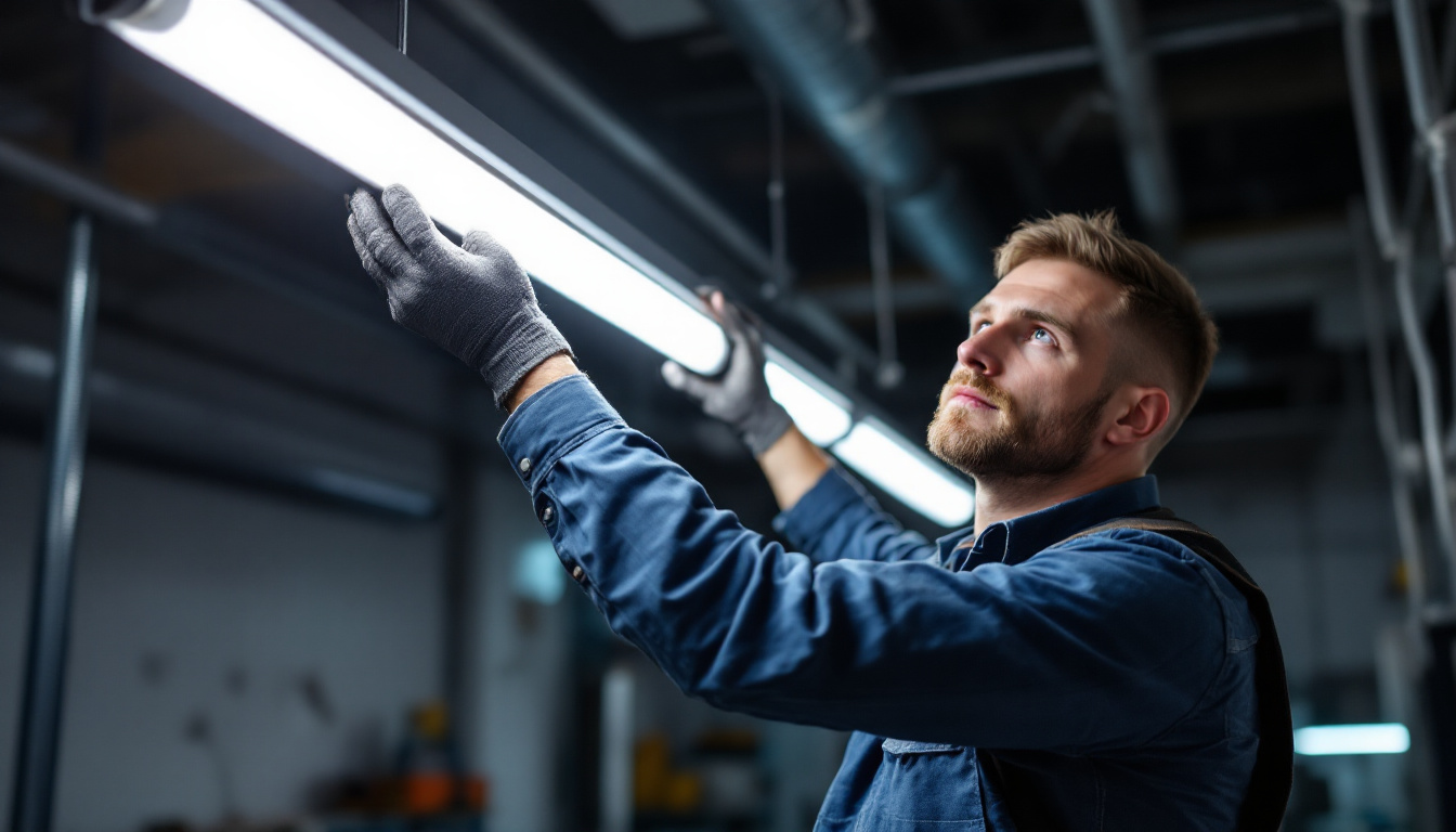 A photograph of a lighting contractor installing an 8 ft fluorescent light bulb in a commercial setting