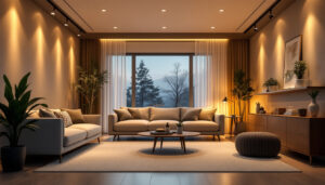 A photograph of a well-lit room showcasing 6-inch recessed lighting fixtures in various settings