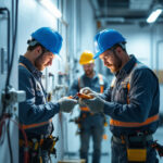 A photograph of a team of electricians engaged in a hands-on training session