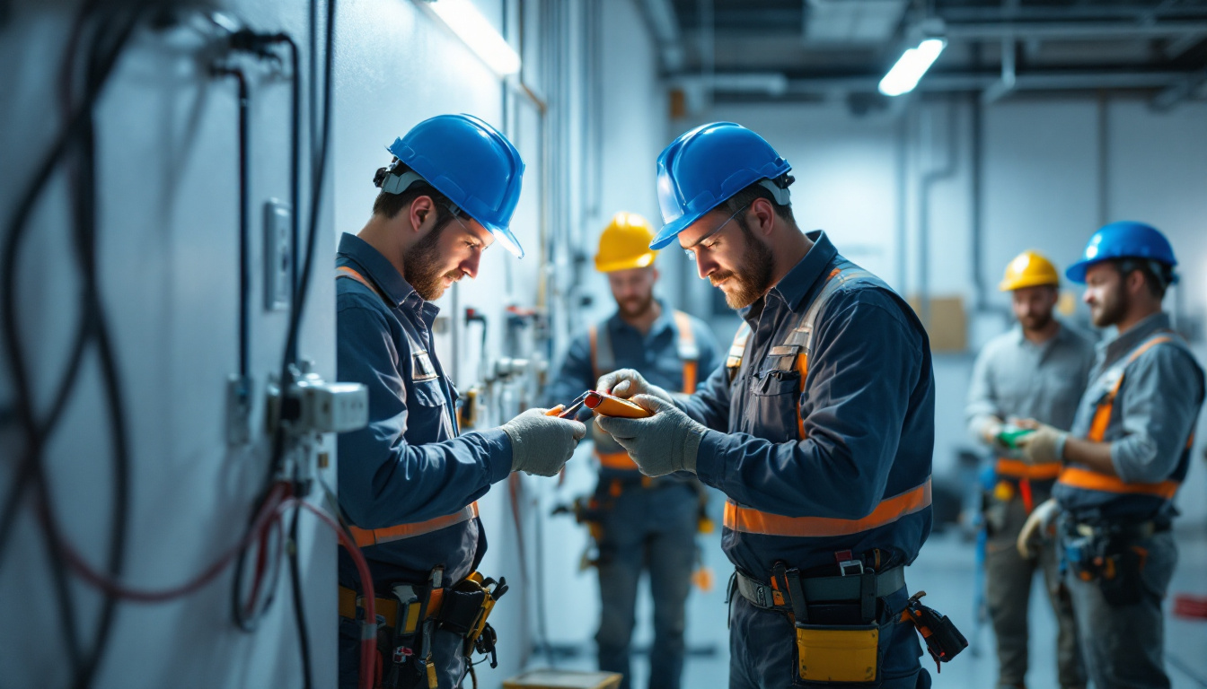 A photograph of a team of electricians engaged in a hands-on training session
