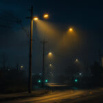 A photograph of a well-lit street scene featuring a utility pole with various lighting fixtures