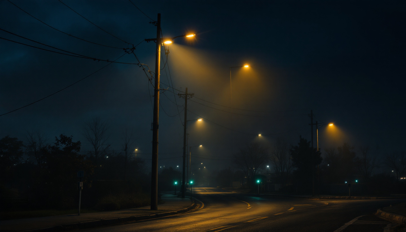 A photograph of a well-lit street scene featuring a utility pole with various lighting fixtures