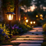 A photograph of a beautifully illuminated solar path light in a landscaped garden setting during dusk