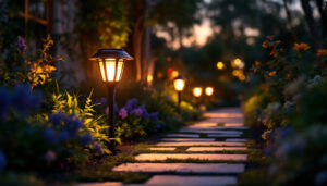 A photograph of a beautifully illuminated solar path light in a landscaped garden setting during dusk