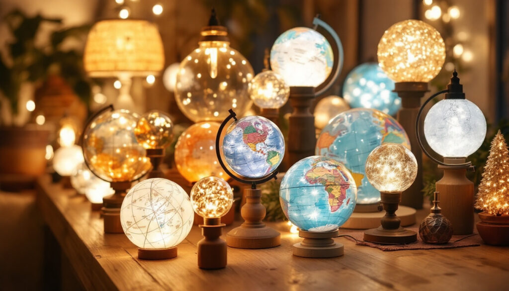 A photograph of a beautifully arranged display of decorative light globes in various styles and sizes