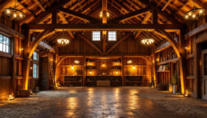A photograph of a beautifully lit barn interior showcasing energy-efficient lighting solutions