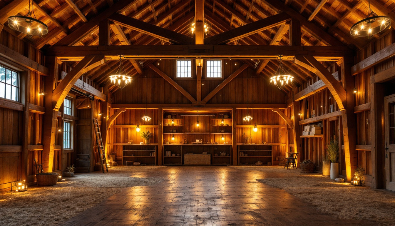 A photograph of a beautifully lit barn interior showcasing energy-efficient lighting solutions