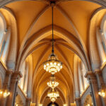 A photograph of a beautifully designed cathedral ceiling interior