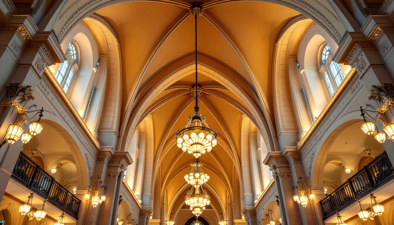 A photograph of a beautifully designed cathedral ceiling interior