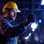 A photograph of capture a photograph of a lighting contractor inspecting or installing shatterproof bulbs in a commercial or industrial setting