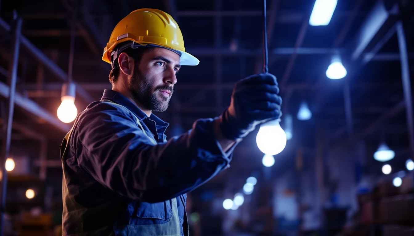 A photograph of capture a photograph of a lighting contractor inspecting or installing shatterproof bulbs in a commercial or industrial setting