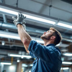 A photograph of a lighting contractor installing or inspecting fluorescent light fixtures in a commercial space