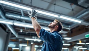 A photograph of a lighting contractor installing or inspecting fluorescent light fixtures in a commercial space