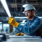 A photograph of a skilled lighting contractor installing or adjusting surface mount led lights in a modern