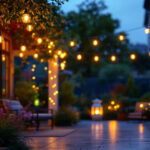 A photograph of a beautifully illuminated outdoor space featuring various types of outdoor lights