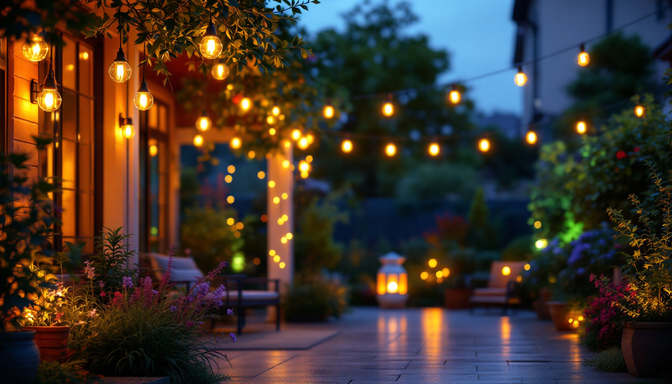 A photograph of a beautifully illuminated outdoor space featuring various types of outdoor lights