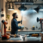 A photograph of a lighting contractor performing light cleaning on various fixtures