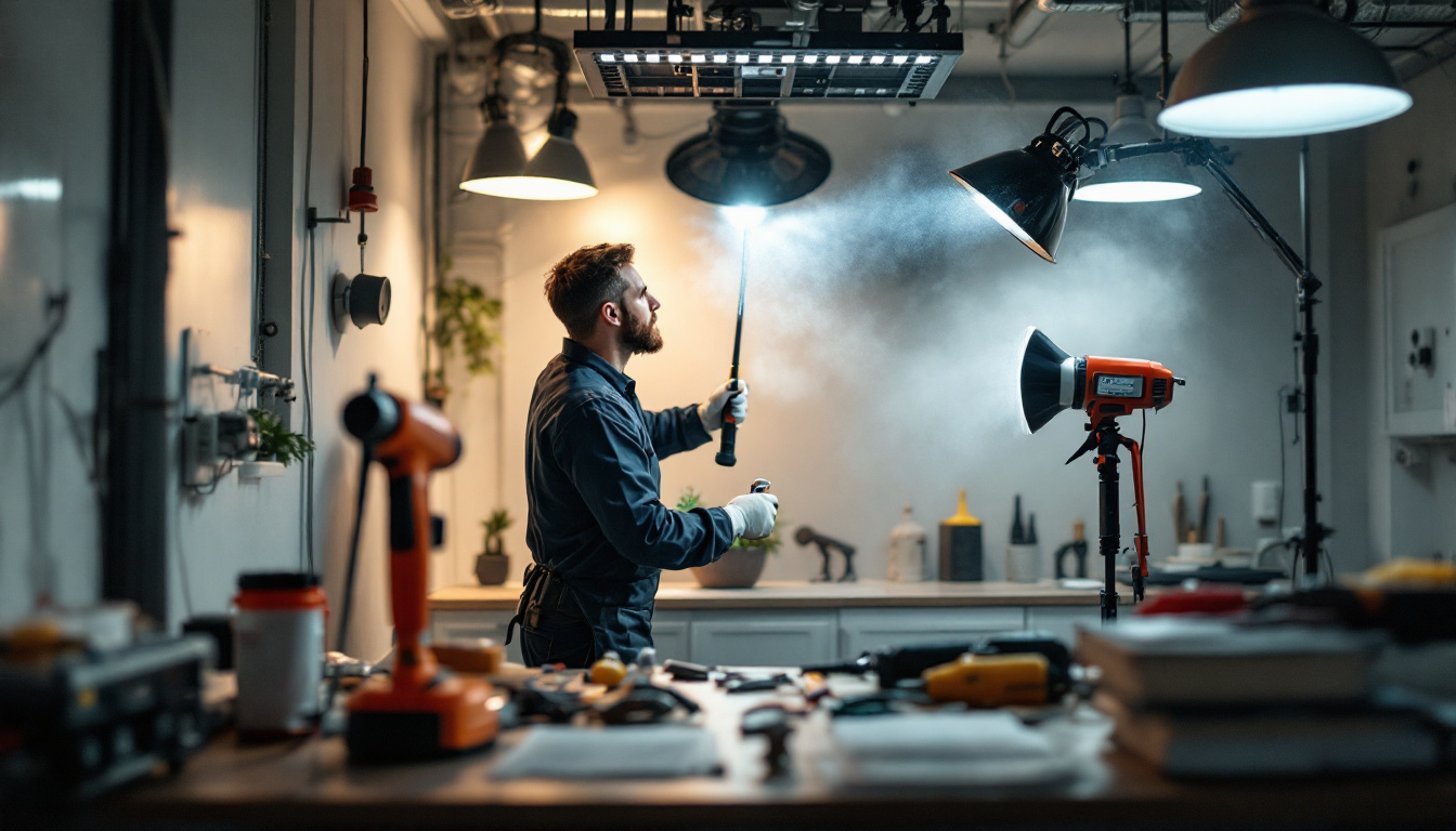 A photograph of a lighting contractor performing light cleaning on various fixtures