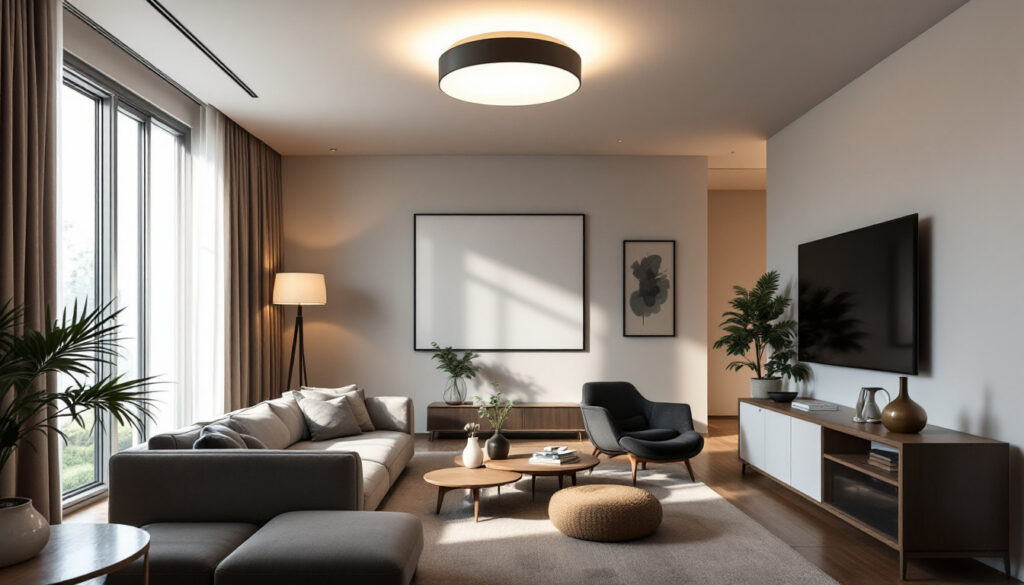 A photograph of a stylish living space featuring a flush mount ceiling fixture that highlights its design and illuminates the room