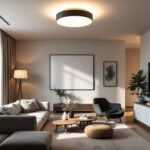 A photograph of a stylish living space featuring a flush mount ceiling fixture that highlights its design and illuminates the room