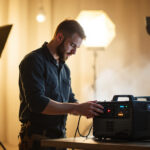 A photograph of a skilled lighting contractor using a 750 w power inverter in a dynamic work environment