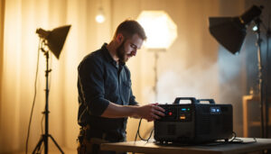 A photograph of a skilled lighting contractor using a 750 w power inverter in a dynamic work environment
