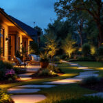 A photograph of a beautifully illuminated yard featuring various solar lighting installations