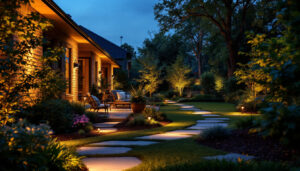 A photograph of a beautifully illuminated yard featuring various solar lighting installations