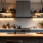 A photograph of a beautifully designed kitchen featuring a variety of modern light fixtures that enhance the space's functionality and aesthetic appeal
