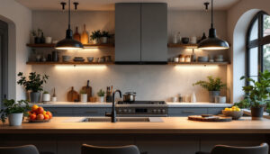 A photograph of a beautifully designed kitchen featuring a variety of modern light fixtures that enhance the space's functionality and aesthetic appeal