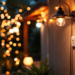 A photograph of a beautifully illuminated outdoor space featuring stylish outdoor lights with visible outlets