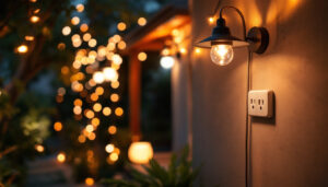 A photograph of a beautifully illuminated outdoor space featuring stylish outdoor lights with visible outlets