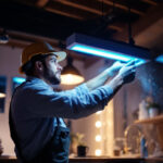 A photograph of a skilled lighting contractor in action