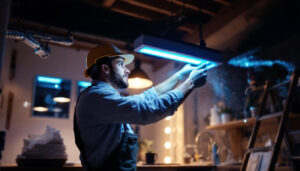 A photograph of a skilled lighting contractor in action