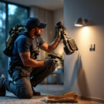 A photograph of a lighting contractor installing low voltage can lights in a modern residential setting