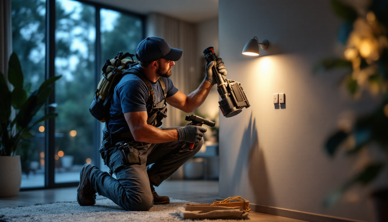 A photograph of a lighting contractor installing low voltage can lights in a modern residential setting