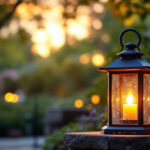 A photograph of a beautifully designed lantern outdoor light fixture illuminated in a serene garden setting during twilight