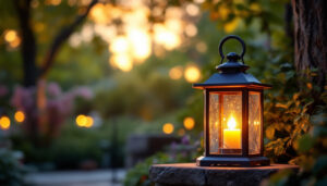 A photograph of a beautifully designed lantern outdoor light fixture illuminated in a serene garden setting during twilight