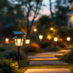 A photograph of a beautifully illuminated outdoor space featuring various styles of drive solar lights in use